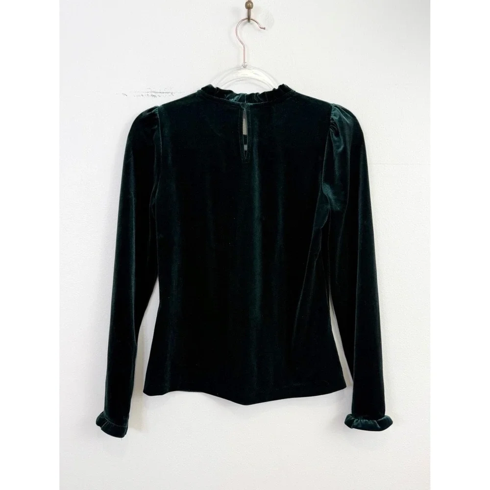 Boden Velvet Frill Neck Top Dark Green Long Sleeve Size US 4 UK 8